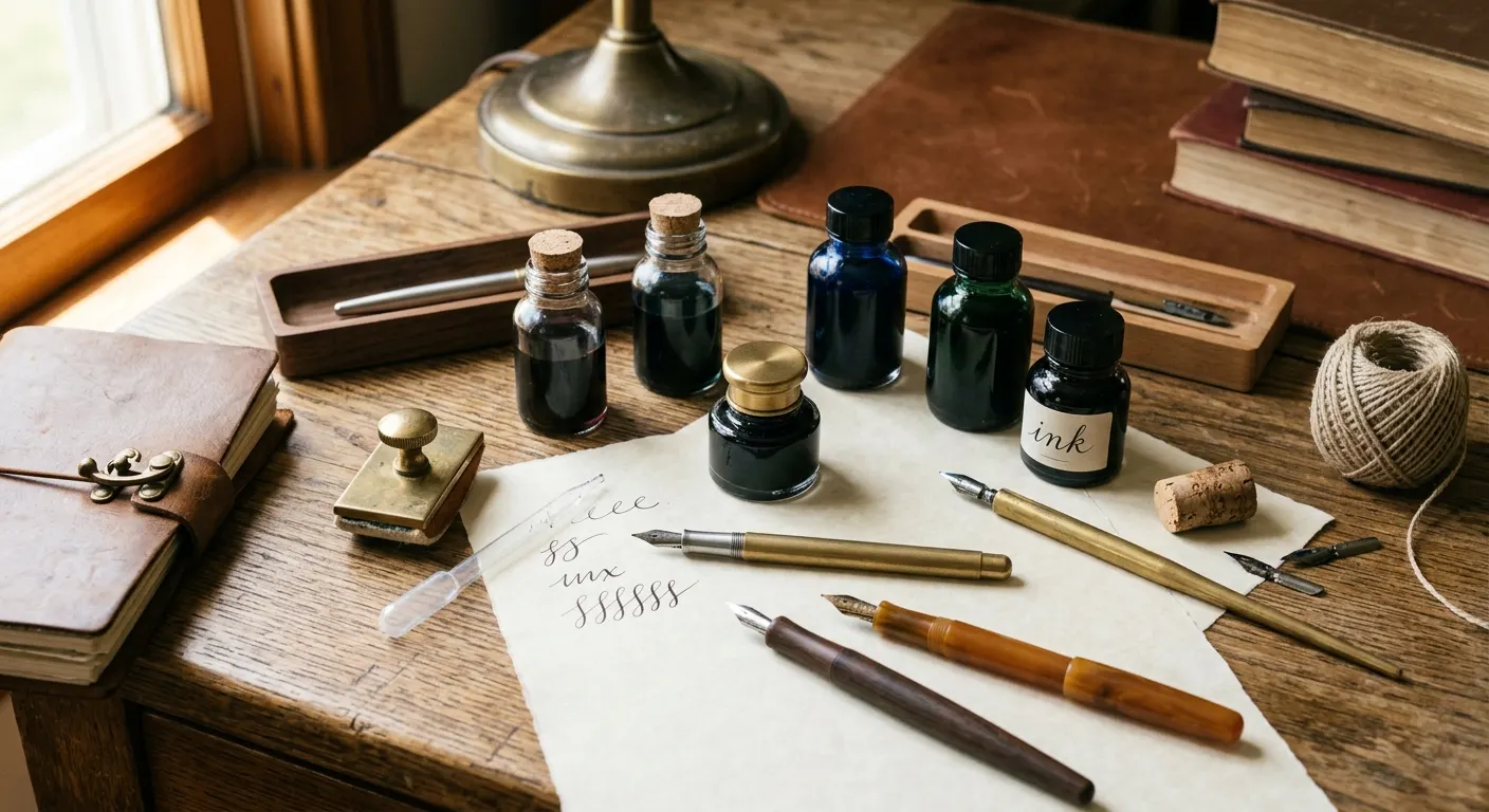 Affordable fountain pen accessories and ink on a writing desk