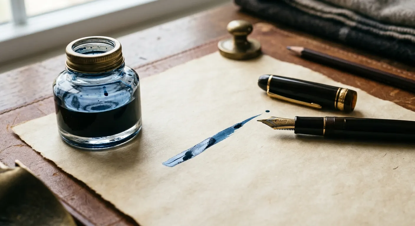 Overhead view of an open fountain pen and ink bottle on warm ivory parchment with a fresh steel-blue ink stroke